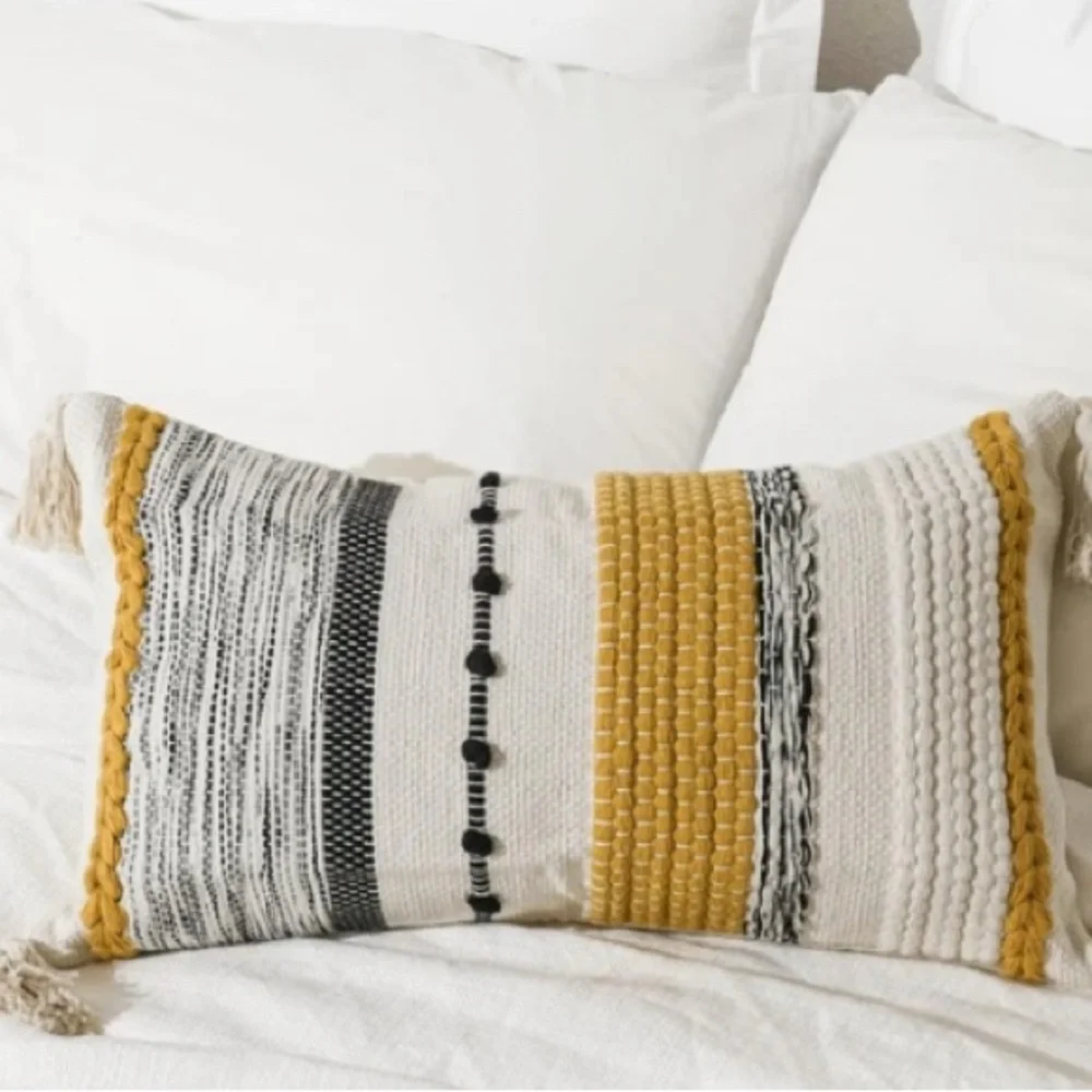 Bliss Blush Handmade Boho Yellow and Black Striped Pillow size 24x14 NWT